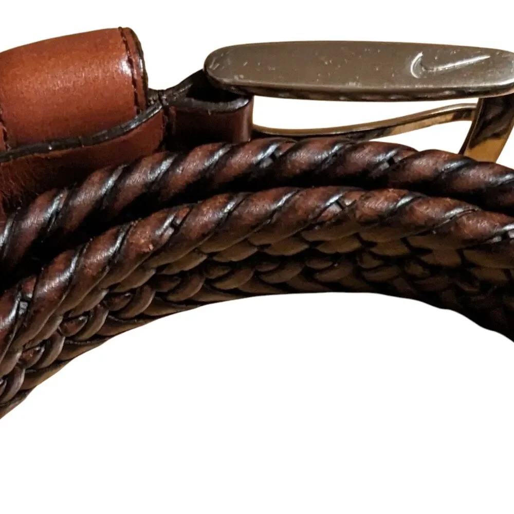 Nike Men's Braided Leather Belt Size 42 Brown Woven Bonded Silver Buckle Casual